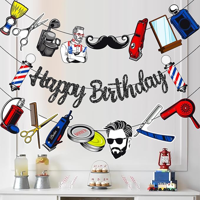 Barber Banners 3Pcs Hairdresser Party Decorations Glitter Black Barbershop Happy Birthday Banner Hairstylist Party Supplies for Barber Lovers Decor