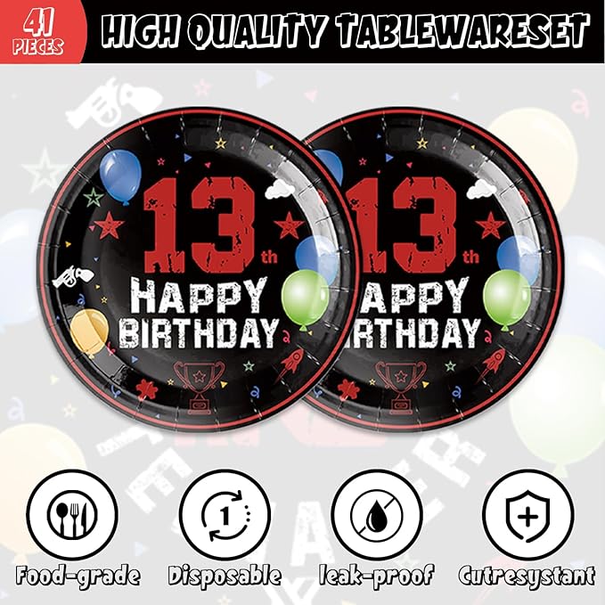 41pcs 13th Red and Black Birthday Party Supplies,include 20 Dessert Plates, 20 Napkin and 1pcs Tablecloth,Used for 13th Red and Black Party Decoration