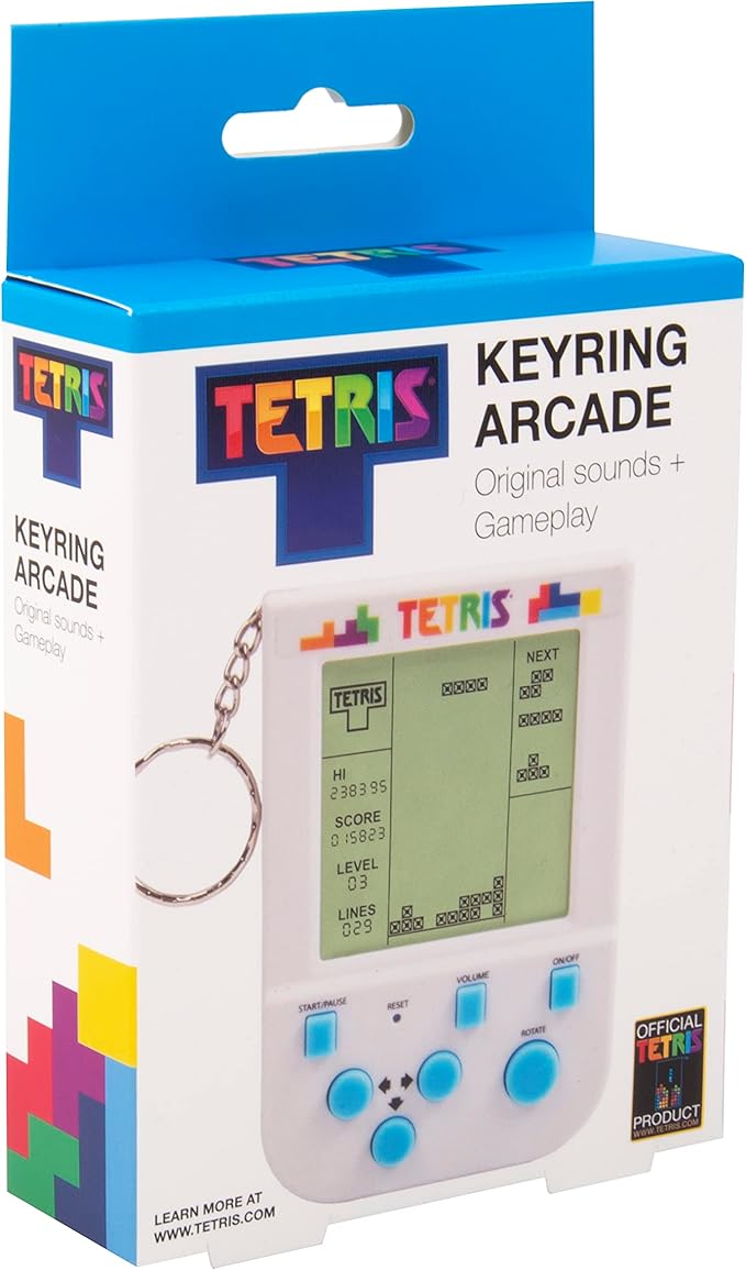 Tetris Keyring Handheld Arcade Game - Retro Mini Portable Handheld Tetris Game for Kids and Adults. Traditional Game Play with 15 Retro Gaming Levels Including Original Tetris Gameplay & Sounds.