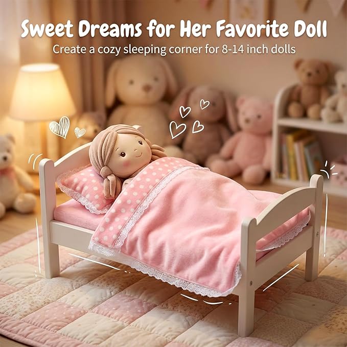 3Pcs Baby Doll Accessories Dolls Bedding Kit Playset Soft Pink Polka Dot Baby Doll Blanket Mattress Pillow Fits 8-12 Inches Dolls for Girls Dollhouse Gifts Bedding Accessories
