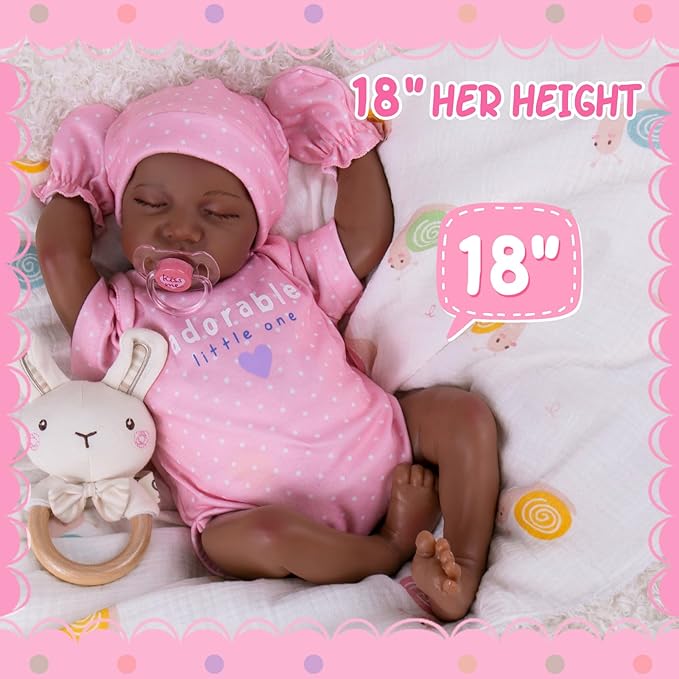 Aori Lifelike Reborn Baby Dolls Black - 18-Inch Realistic American Newborn Real Life Black Girl with Feeding Kit & Gift Box for Kids Age 3+