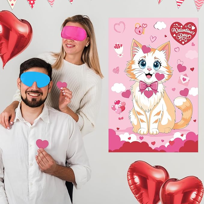 Hooqict Valentines Games for Kids Pin The Heart on The Cat Party Games Valentines Day Party Activities Galentines Day Decorations, Large Pin The Tail Poster with 36 Stickers
