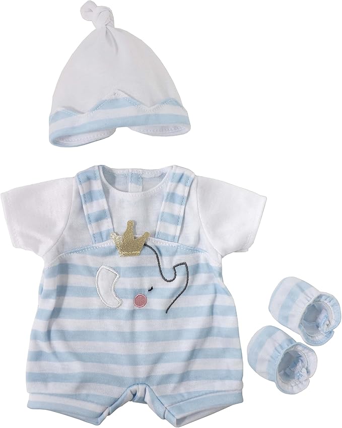 JC Toys | Berenguer Boutique | Baby Doll Outfit | Blue Stripes and White Overall Shorts | Includes Headband and Booties | Ages 2+ | Fits Dolls 14"- 16"