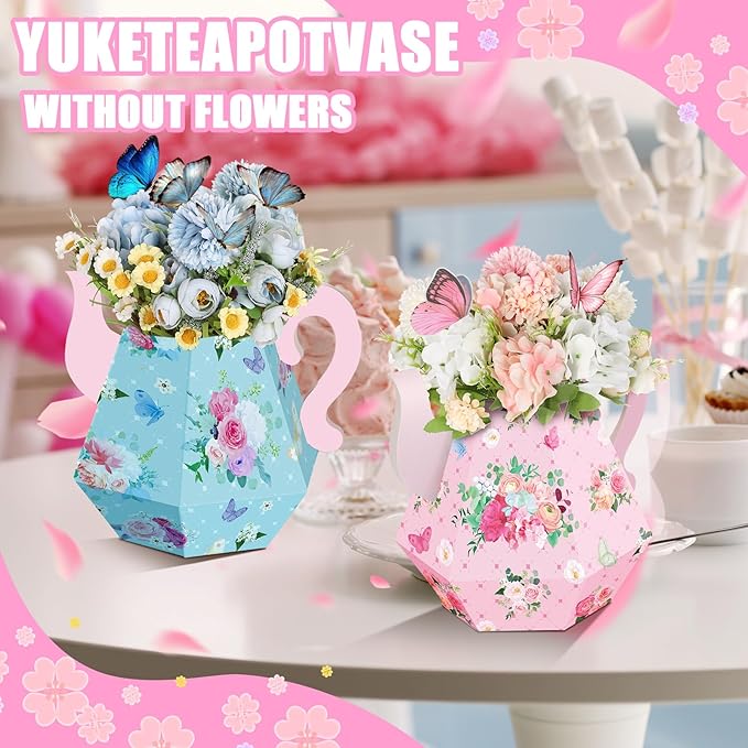 Fulmoon 6 Pcs Tea Party Decorations 6.7'' Flower Box Table Paper Teapot Princess Centerpiece Vase Table Decor Wonderland Fancy Party Decor for Floral Tea Birthday Baby Shower Wedding (Cute)