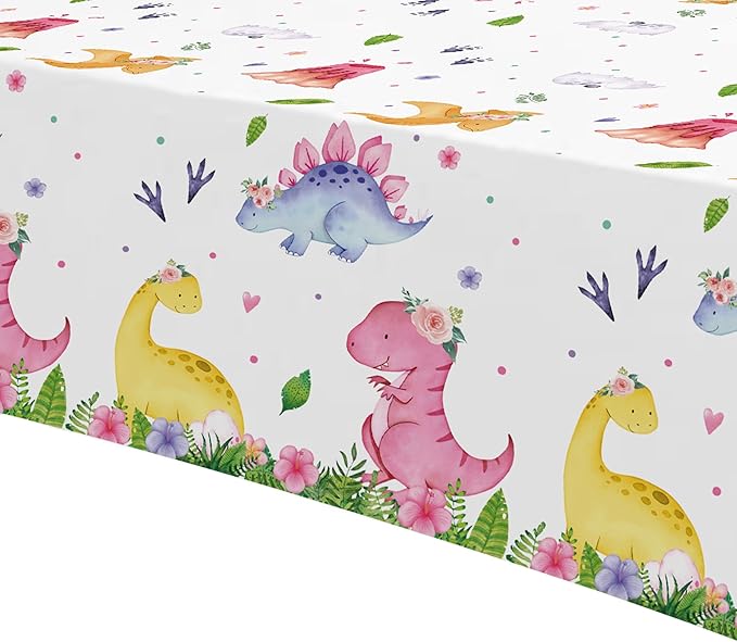 Dinosaur Birthday Party Supplies Tablecloth for Girl - Pink Dinosaur Baby Shower Decorations Table Cover, 3 Pack (54in x 108in)
