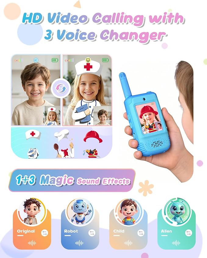 Video Walkie Talkies for Kids, 2 Pack Kids Walkie Talkies with 3 Voice Changers, Rechargeable Toy for 3-12 Year Old Boys Girls, 1000Ft Video Intercom for Camping Hiking Birthday Gift (Blue-Pink)