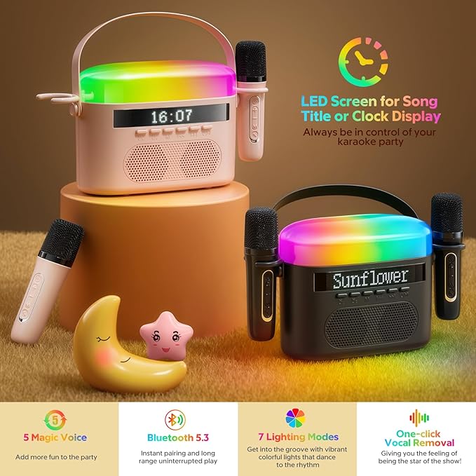 2025 New Mini Karaoke Machine for Kids & Adults, 2 Wireless Mics, LED Colortul Lights, Portable Outdoor Bluetooth Speaker - Pink