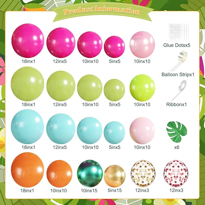 Tropical Luau Balloon Arch Kit 146Pcs Hot Pink Pearl Pink Green Blue Orange Gold Metallic Green Confetti Balloons with Palm Leaves for Summer Tropical Luau Hawaiian Theme Party Decorations