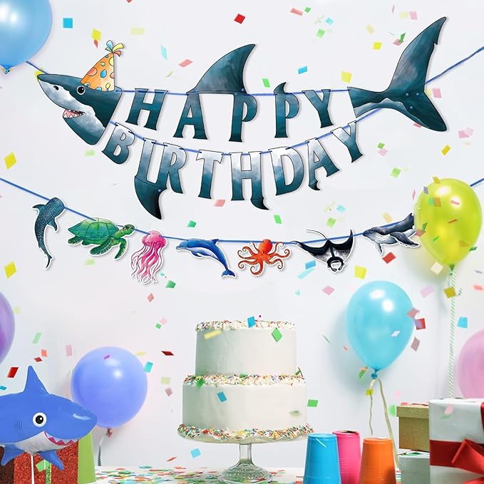 WERNNSAI Shark Happy Birthday Banner Set - Ocean Theme Party Supplies for Kids Boys Pre-strung Shark Birhday Banner and Ocean Animal Banner Beach Under The Sea Theme Party Decorations Hanging Wall Decor