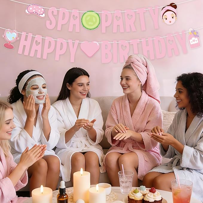 Spa Party Banner Spa Party Decorations Supplies for Girls Pink Happy Birthday Banner Sign Spa Themed Garlands for Princess Sleepovers Slumber Makeup Party Decorations