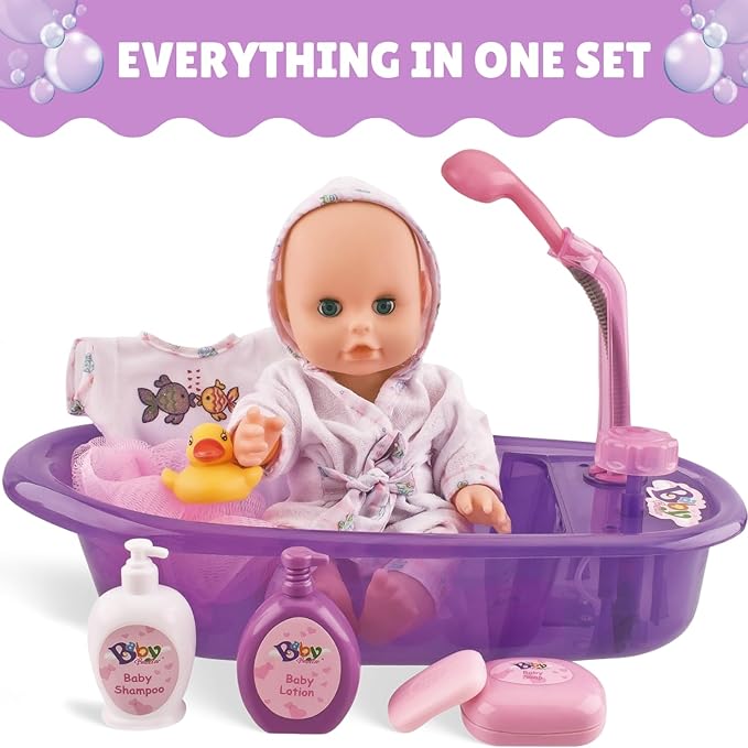 Liberty Imports Baby Bath Toys 13-Inch Little Newborn Doll Bath Set - Real Working Bathtub with Detachable Shower Spray and Accessories for Kids Pretend Play