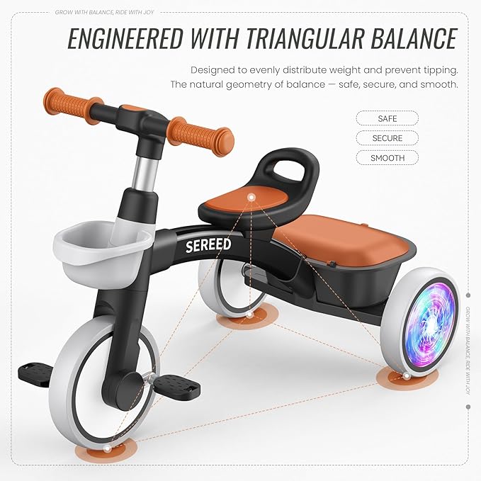 SEREED Colorful Lighting Toddler Tricycle for 2-5 Years Old Boys, Adjustable Seat&Handlebar Trike, Removable Basket, Birthday Gift Idea for Kids Ages 2+ (Black)