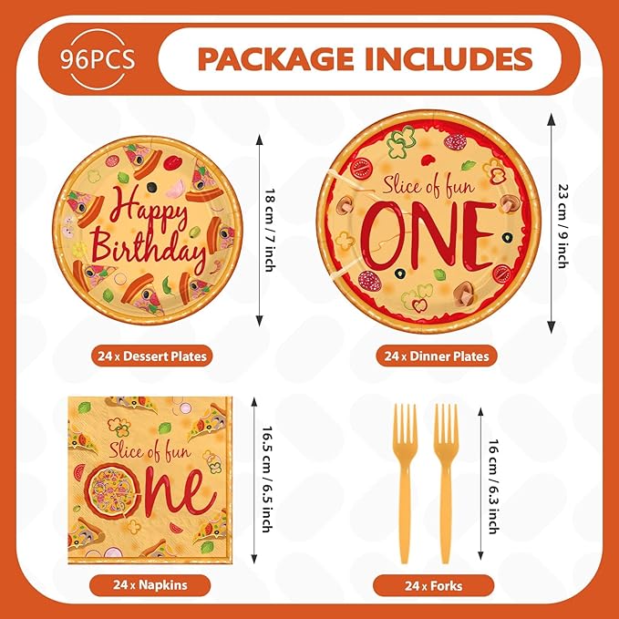 96Pcs Pizza One Birthday Party Decorations Pizza 1st Birthday Party Plates and Napkins Tableware Sets for Kids Baby Shower One Year Old Carnival Italy Night Holiday Party Favors Supplies Serves 24