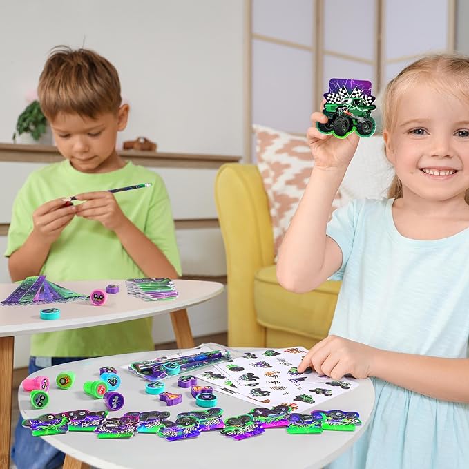 Cholemy 144 Pcs Monster Truck Party Favors Truck Party Supplies School Stationery Set Notebook Sticker Stamper Eraser Ruler Pencil Bag for Birthday Baby Shower Gifts Classroom Prize (Purple,Monster)