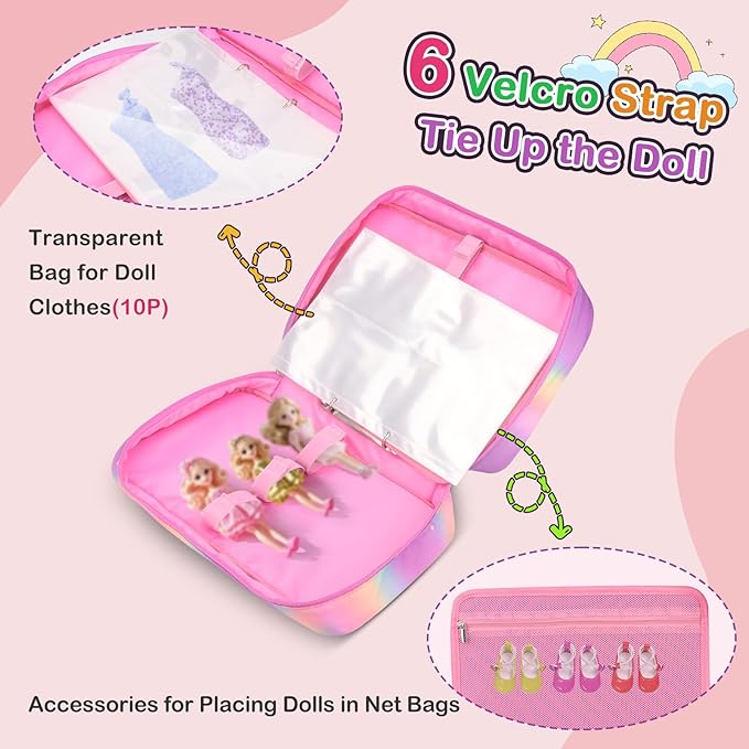 Doll Carrying Case Accessory Organizer Storage, Case to Hold Dolls and Clothes, Much Pocket for Doll’s Clothes, Accessories, Fits 6 Dolls & Accessories, Secure Straps Protect Dolls - Rainbow