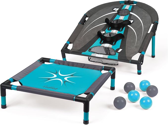 EastPoint Spring Fling Bounce Game - Black/Blue Durable PVC Construction - 6 Balls, 20in Trampoline & 29.5in x 24in Target - Dynamic Reflex Game, Sports Activities for Boys, Organizer for Easy Storage