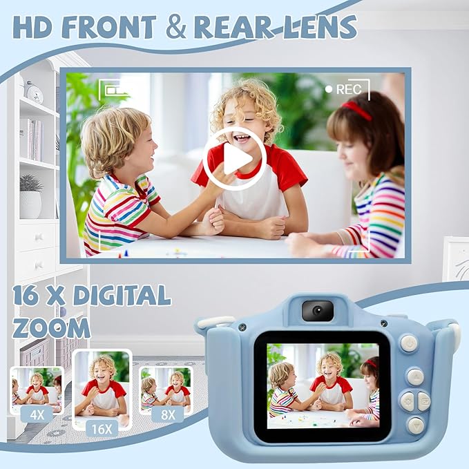 Kids Camera with Dual Lens Selfie, 48MP 1080P HD Digital Camera for 3-12 Year Old Girls Boys, Portable Travel Toy with 32GB Card, Shockproof Design & Cute Animal Patterns Christmas Birthday Gifts