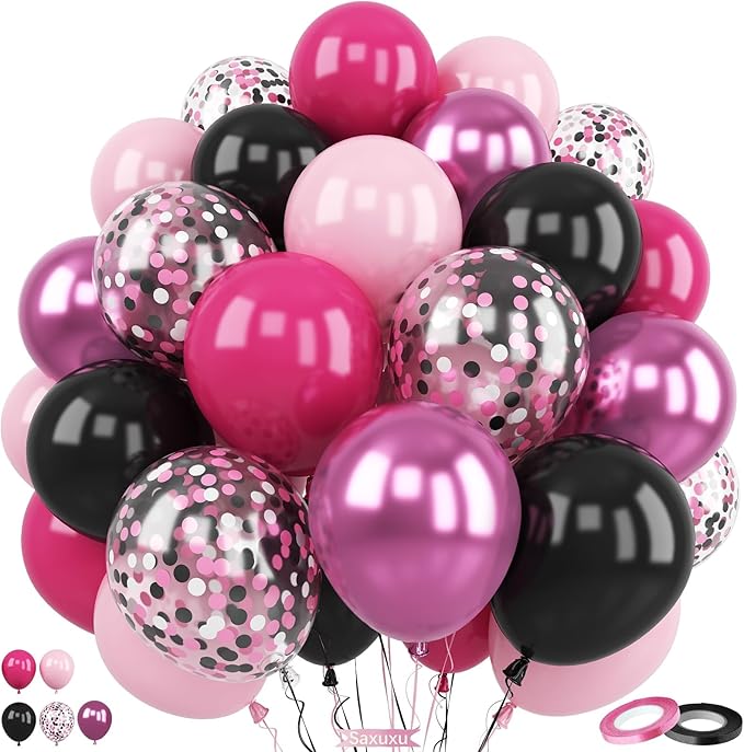 Pink and Black Balloons, 60Pcs 12 Inch Hot Pink Light Pink Black Confetti Metallic Pink Party Balloons for Girl Birthday Theme Party Wedding Engagement Bachelorette Bridal Shower Decorations
