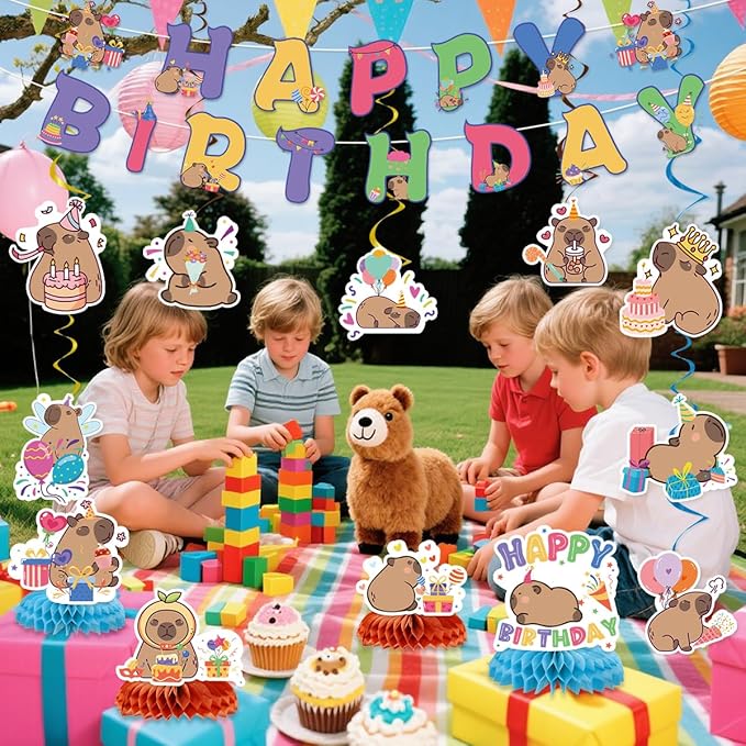 Capybara Birthday Party Decorations Include Capybara Happy Birthday Banners Hanging Swirls Honeycomb Centerpiece Cute Capy Bday Animals Decor Supplies