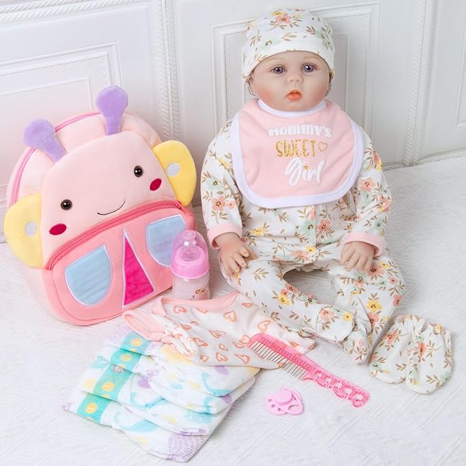 13 Pcs Reborn Baby Doll Clothes Pink Flower for 18-22 Inch Reborn Newborn Dolls Clothes Accessories Lovely Backpack Diapers Sets