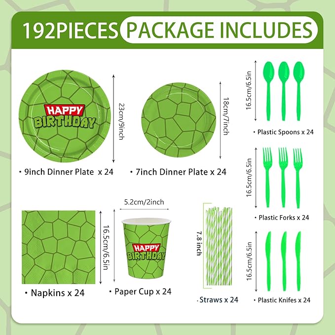192pcs Turtle Birthday Party Supplies Turtle Plates Napkins Disposable Paper Cups Straws Cartoon Theme Party Decorations Tableware Set for Boys Kids Birthday Serves 24
