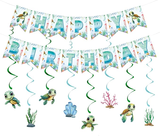 Zwiebeco Sea Turtle Happy Birthday Party Decoration Banner Bunting Garland Hanging Paper Swirls Kit for Ocean Animals Marine Organism Themed Boys Girls Kids Baby Shower Accessories Supplies