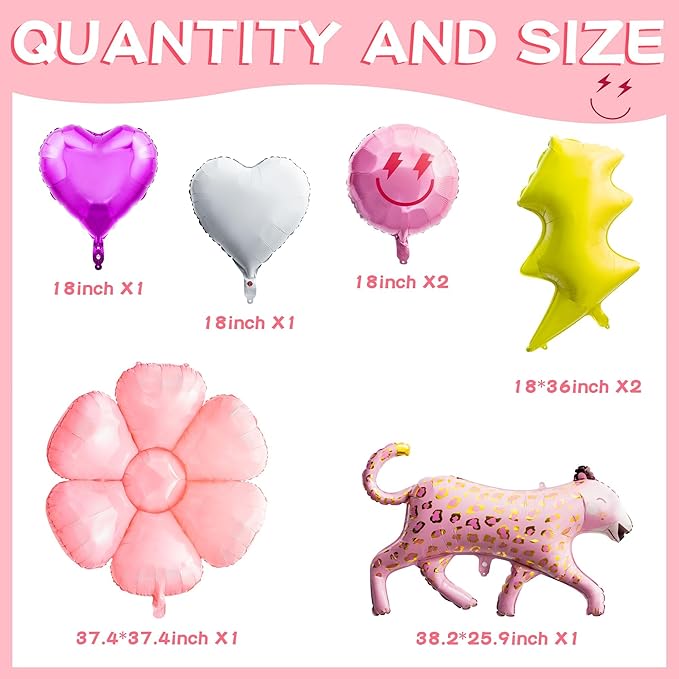 8PCS 18 Inch Smile Party Helium Balloons Pink Leopard Heart Smile Face Preepy Theme Birthday Party Decorations Yellow Lightning Balloons for Wedding Decor Event Supplies