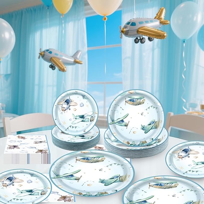 180Pcs Airplane Shower Party Supplies Paper Plates and Napkins Serve 60 Disposable Tableware Set for Birthday Party Decorations Game Day Family Holiday Sports Events