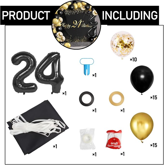 Happy 24th Birthday Balloons Black Set Decor - Cheers to 24 Years Old Party Theme Garland Banner Backdrop Decorations For Women and Men Supplies