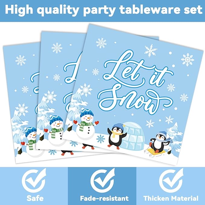 96PCS Hello Winter Party Supplies Winter Snowflake Party Tableware Set Christmas Disposable Dinnerware Plates Napkins Forks with Snowman Penguin for Winter Christmas Birthday Party Favors