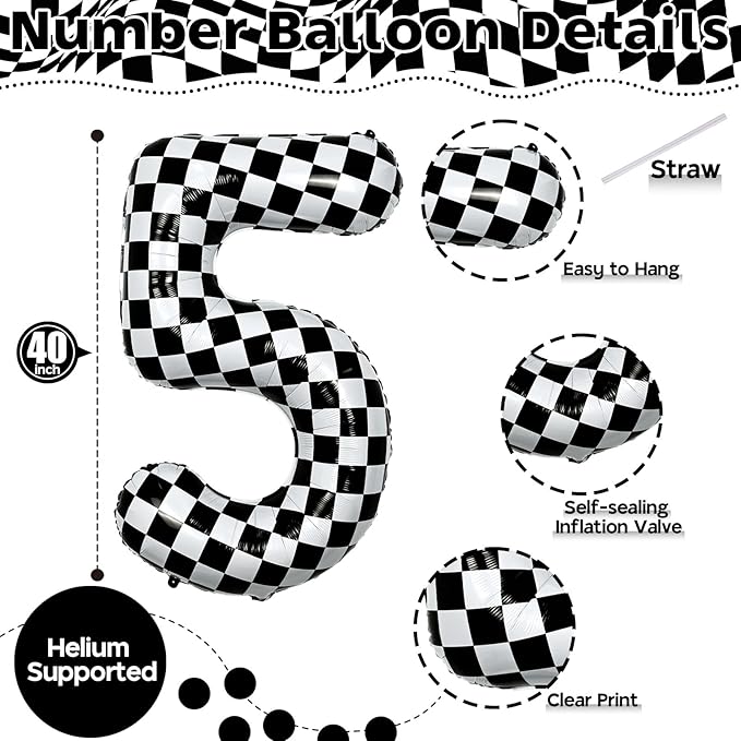 40 Inch Checkered 5 Number Balloons, Large Foil Self Inflating 5th Birthday Racing Balloons Decor, Black and White Checkered 5 Ballons for Boys 5th Birthday Race Car Flag Party Decorations Supplies