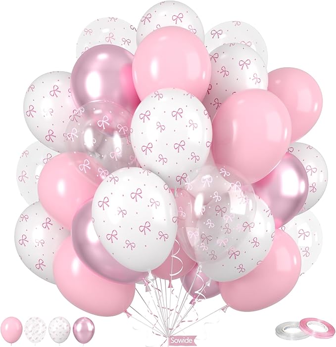 Bow Balloons, 50Pcs 12 Inches Pastel Light Clear White Pink Balloons for Girls Women Pink Birthday Party Bachelorette Bridal Engagement Bow Theme Wedding Anniversary Supplies