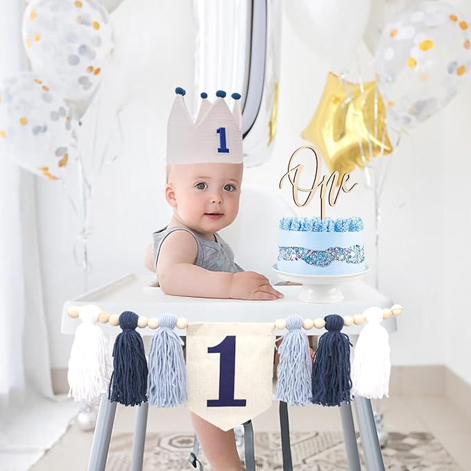 Baby Boy Blue White 1st Birthday Highchair Banner Wood Bead Tassel Garland Crown Hat Wooden Cake Topper Photo Backdrop