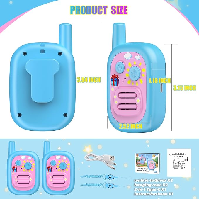 Walkie Talkies for Kids 2 Pack Rechargeable with 3 Miles Long Range, Toddler Walkies Talkies Pink Bule Toys Birthday for 3-8 Years Old Boys Girls for Outdoor Games Camping Hiking