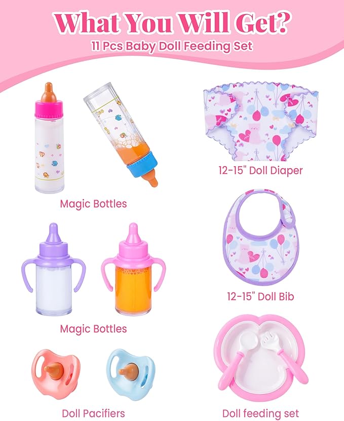 BABESIDE 11 Pcs Baby Doll Accessories Set - Baby Doll Bottles, Diapers, Pacifiers, Bib, Plate - Baby Doll Stuff & Toys for Little Girls