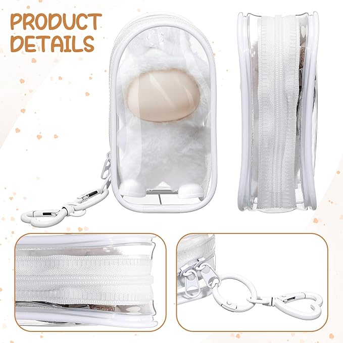 Clear Protective Case Display Accessories for 10cm Plush Doll with Keychain, PVC Hanging Storage Case Cover, Doll Storage Bag, for Figures, Dolls, Collectible Toys(White)