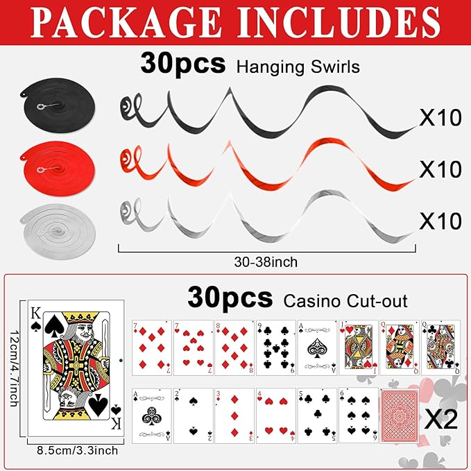30Pcs Wonderland Tea Party Hanging Swirls Poker Cards Hanging Swirls Wonderland Theme Party Decoration Poker Cards Ceiling Streamers Banner Decor for Birthday Baby Shower Casino Party Supplies