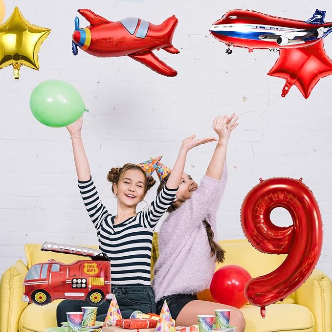 12pcs Transportation Balloons, Truck Plane School Bus Fire Truck Police Car Ship Ambulance Submarine Foil Balloon, Transportation 9th Birthday Vehicles Theme Party Supplies Decorations (9th)