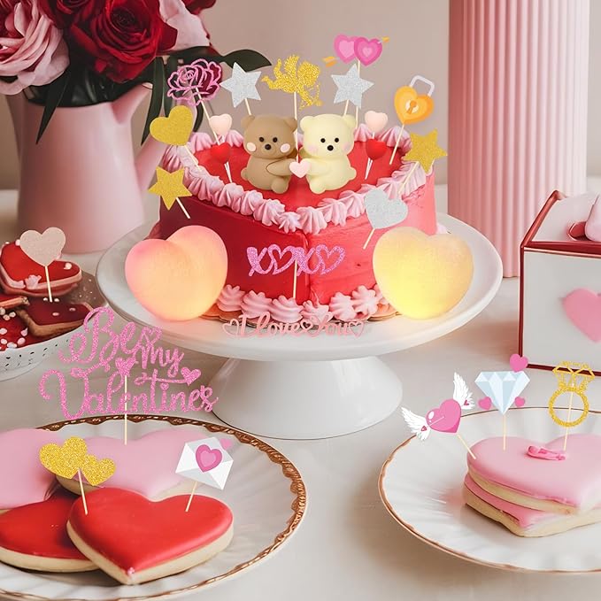 Hooqict 36 Pieces Valentine's Day Cake Decorations Set with Sweet Love Heart Valentines Party Cake Toppers & Cupcake Toppers for Happy Valentines Galentines Day Anniversary Birthday Party Decorations
