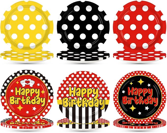 Grencian 60 Pcs Cartoon Mouse Birthday Party Decorations 9” Red Mouse Birthday Party Plates Red Black Yellow Polka Dot Platter Decorations for Halloween Boys Girls Cartoon Theme Parties Supplies