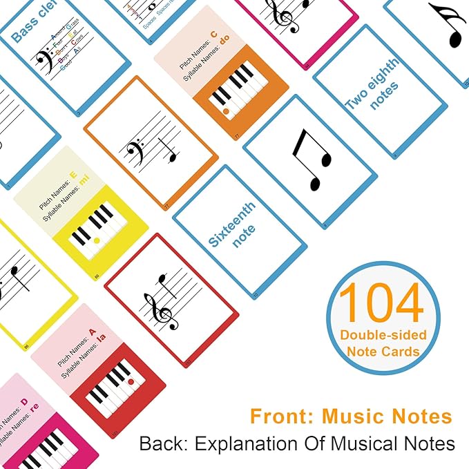 104 Piano Music Flash Cards - Basic Music Symbols,Staff Notation, Pitch/Syllable Names, Keyboard Position, Flat/Sharp,Education Cards for Beginners and Professionals