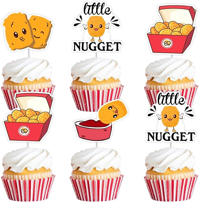 Cheereveal 24Pcs Chicken Nugget Cake Decorations, Little Nugget Cupcake Toppers, Fast Food Fried Chick Theme Birthday Baby Shower Cake Picks Party Supplies