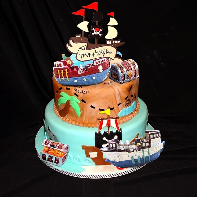 Pirate Ship Cake Topper Nautical Sailboat Model Decoration Set Gold Coins and Pirate Gems Pirate Treasure Chest Compass for Kids Pirate Birthday Party Supplies pirate cake decoration
