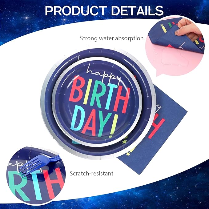 168Pcs Birthday Party Plates - Blue Kids Birthday Paper Plates Disposable and Napkins, Cups, Knives, Forks, Spoons Set for 24 Guests Baby Shower Girls Boys Party Table Supplies Decorations