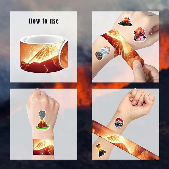 98PCS Hot Volcano Party Favors Hot Lava Theme Birthday Supplies Decorations Volcano Tattoos Volcano Slap Bracelets Volcano Keychains Volcano Stickers Hot Lava Button Pins