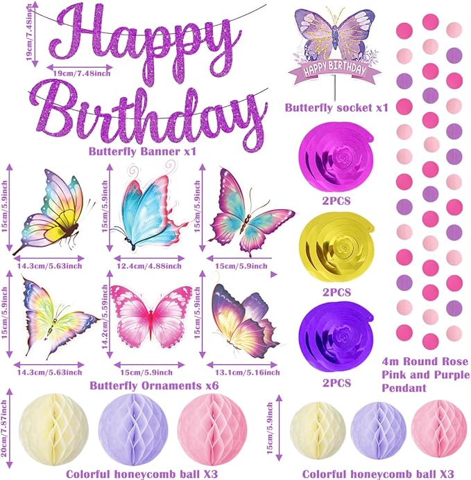 Birthday Decorations Set, Butterfly Happy Birthday Banner Party Supplies with Happy Birthday Banner, Honeycomb Balls, Butterfly Hanging Swirls for Girls Birthday