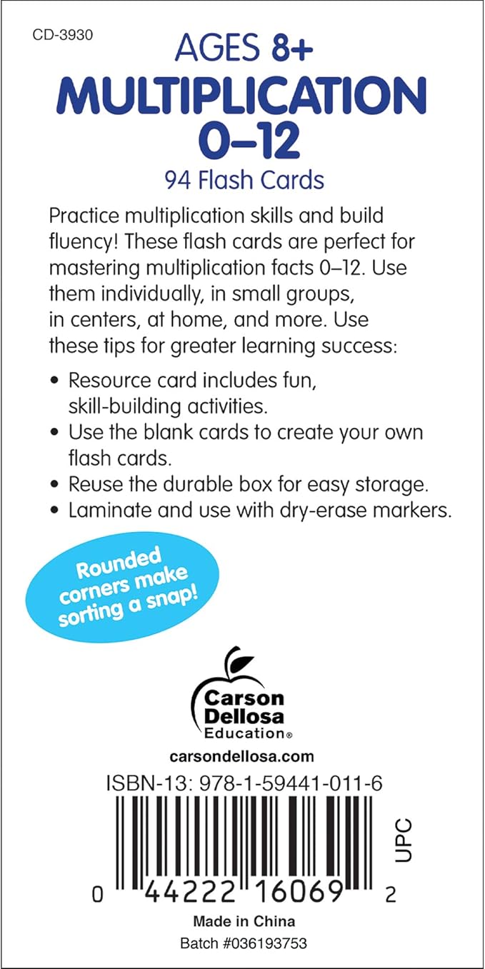 Carson Dellosa 94 Multiplication Flash Cards, Flashcards Covering All Times Table Facts Through 12, Math Games for Kids 8-12, 3rd Grade Mathematics and Up