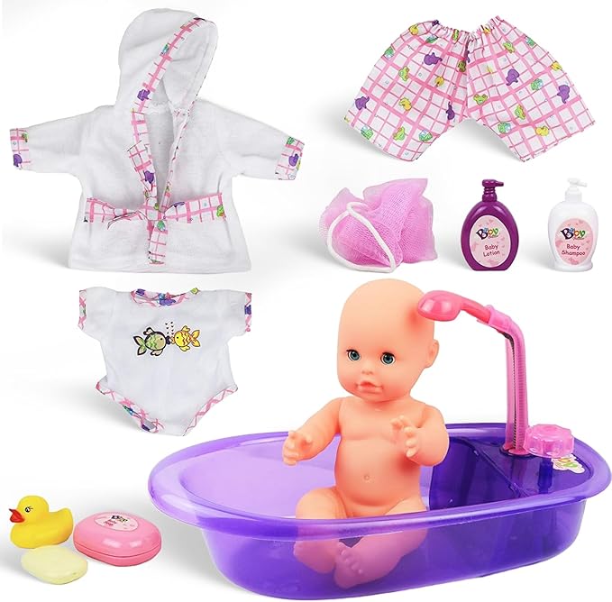 Liberty Imports Baby Bath Toys 13-Inch Little Newborn Doll Bath Set - Real Working Bathtub with Detachable Shower Spray and Accessories for Kids Pretend Play
