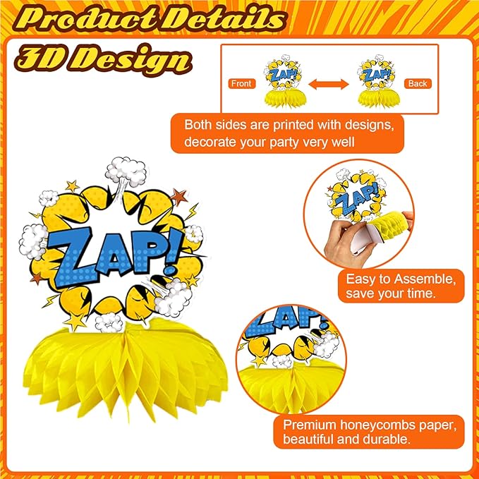 10 Pieces Hero Party Decoration, Hero Honeycomb Centerpieces 3D Table Topper Standing Decorations, Hero-Theme Party Supplies for Birthday Shower Decorations