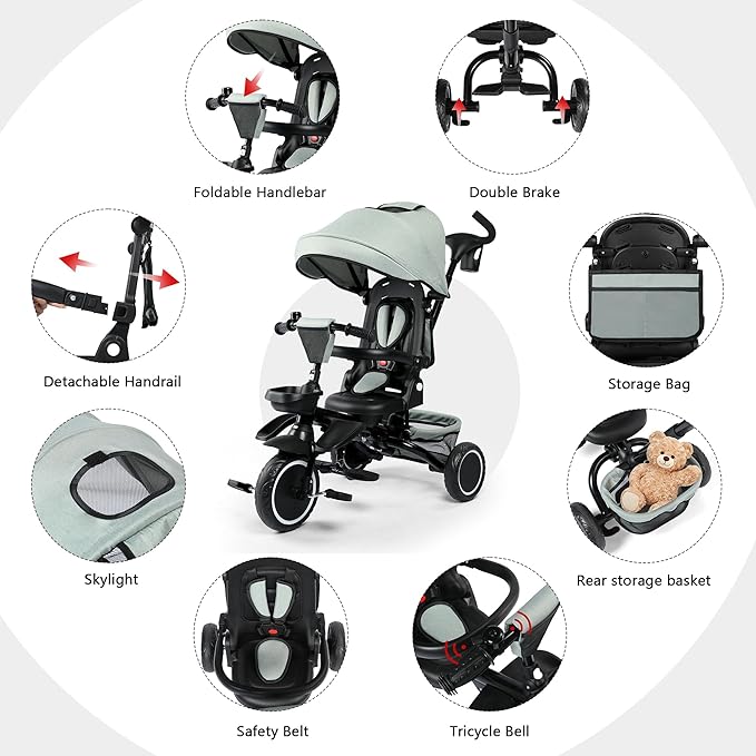 Kinder King Kids Tricycle, 8 in 1 Folding Toddler Trike w/Adjustable Push Handle, Rotatable Seat, Adjustable Canopy, Bell, Five-Point Harness, Storage, Toddler Bike for Age 1-3, Green